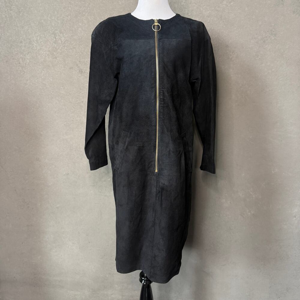 Vtg Margaret Godfrey Black Suede Leather Midi Dress Size 6 Full Zip Long Sleeve